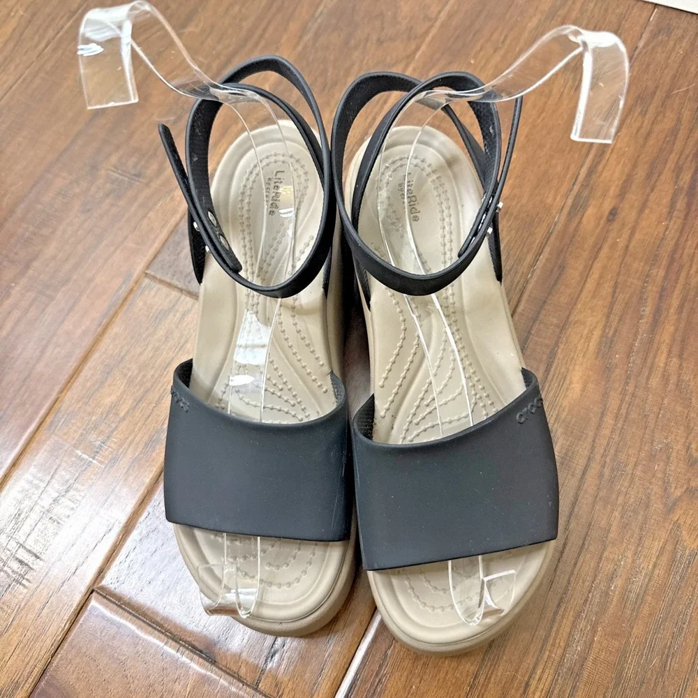 Crocs Platform Chunky Ankle Strap Wedge Sandal LiteRide Black Comfort Women's 6